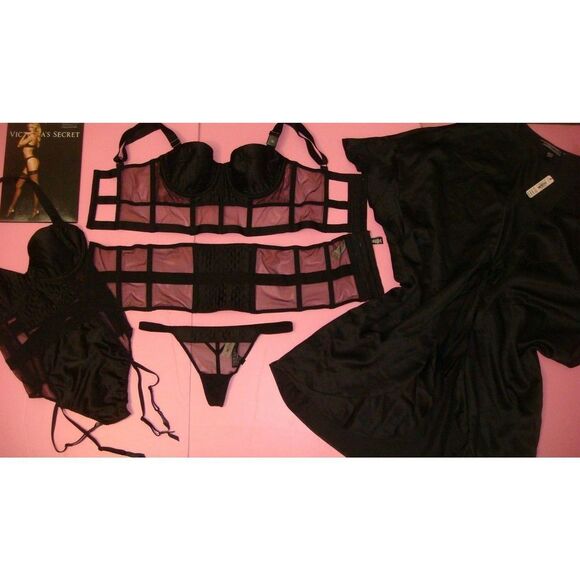 Victoria's Secret longline 32C BRA SET+garter TEDDY+ROBE gown BLACK satin QUILT